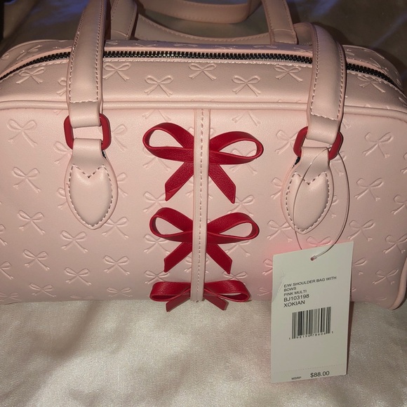 Betsey Johnson Pink Multi E/W Shoulder Bag With Embossed Bows & Red Bows NWT - Picture 12 of 16